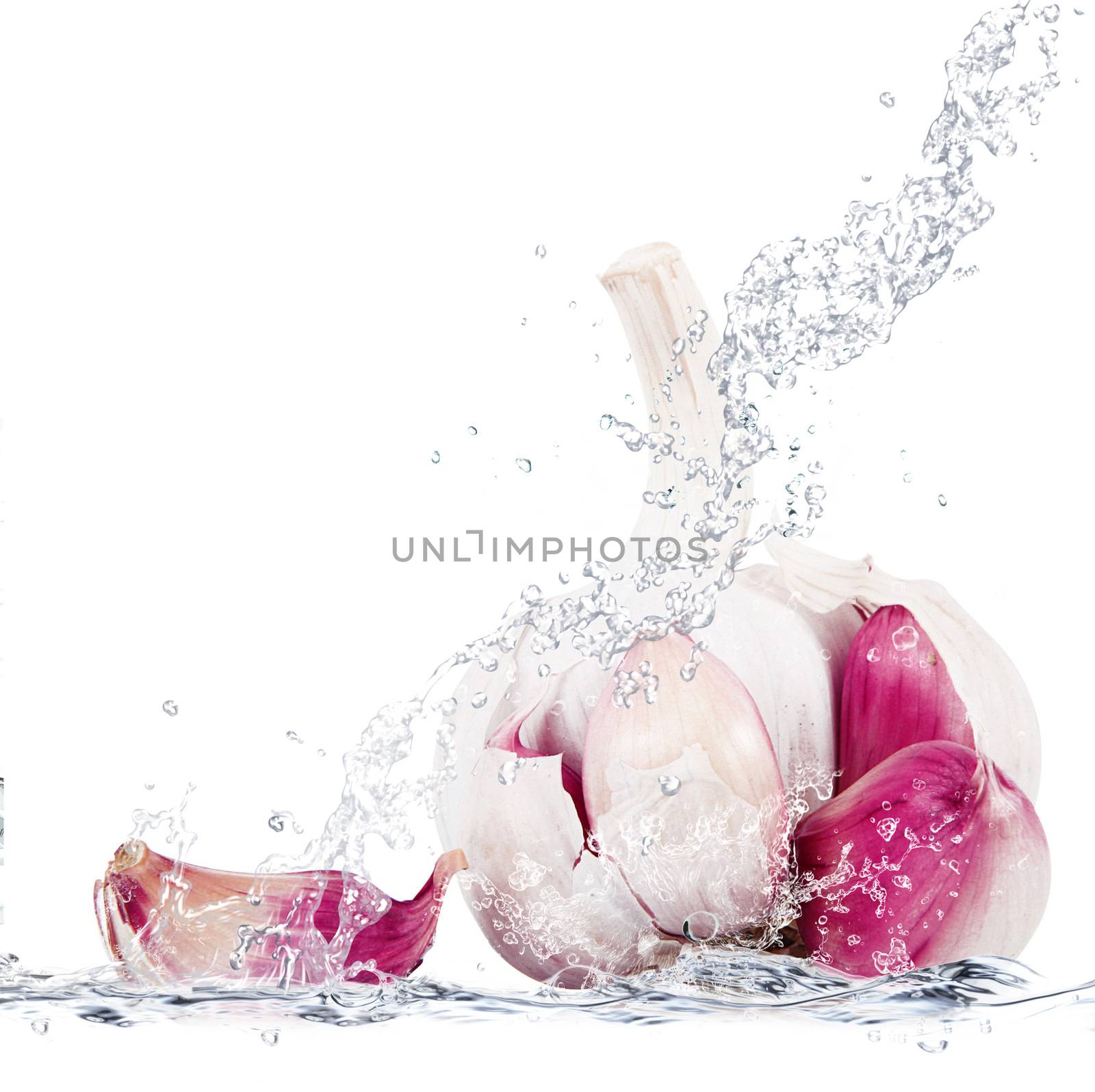 Fresh garlic falling in pure water