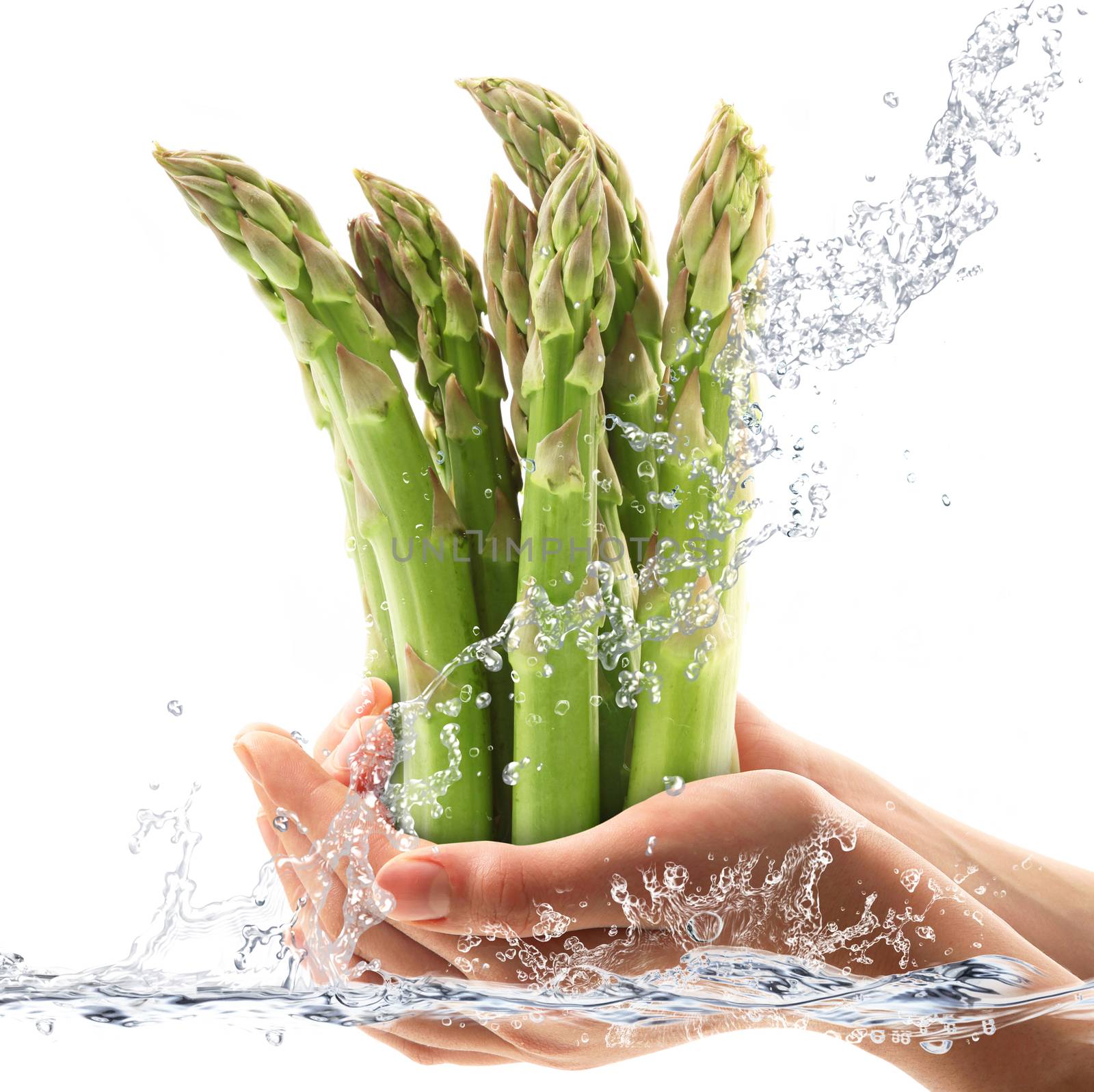 Fresh asparagus falling in pure water
