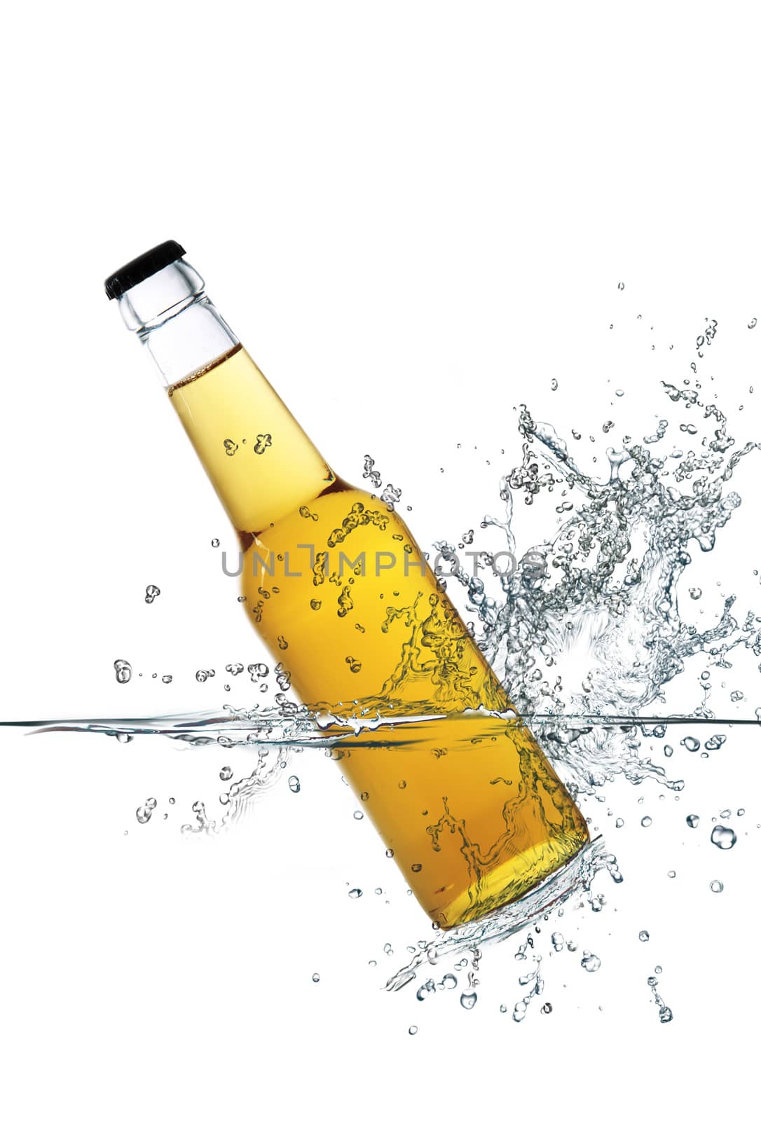yellow glass bottle falling in water