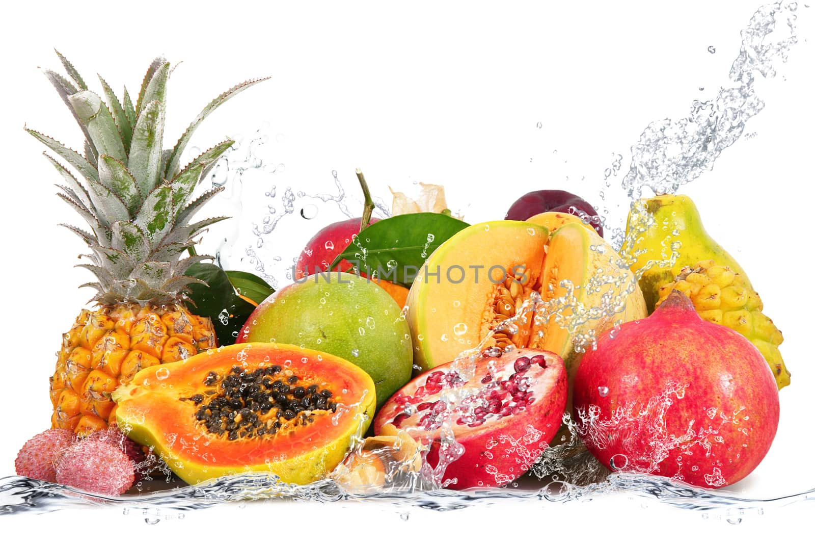 fresh fruits falling in water