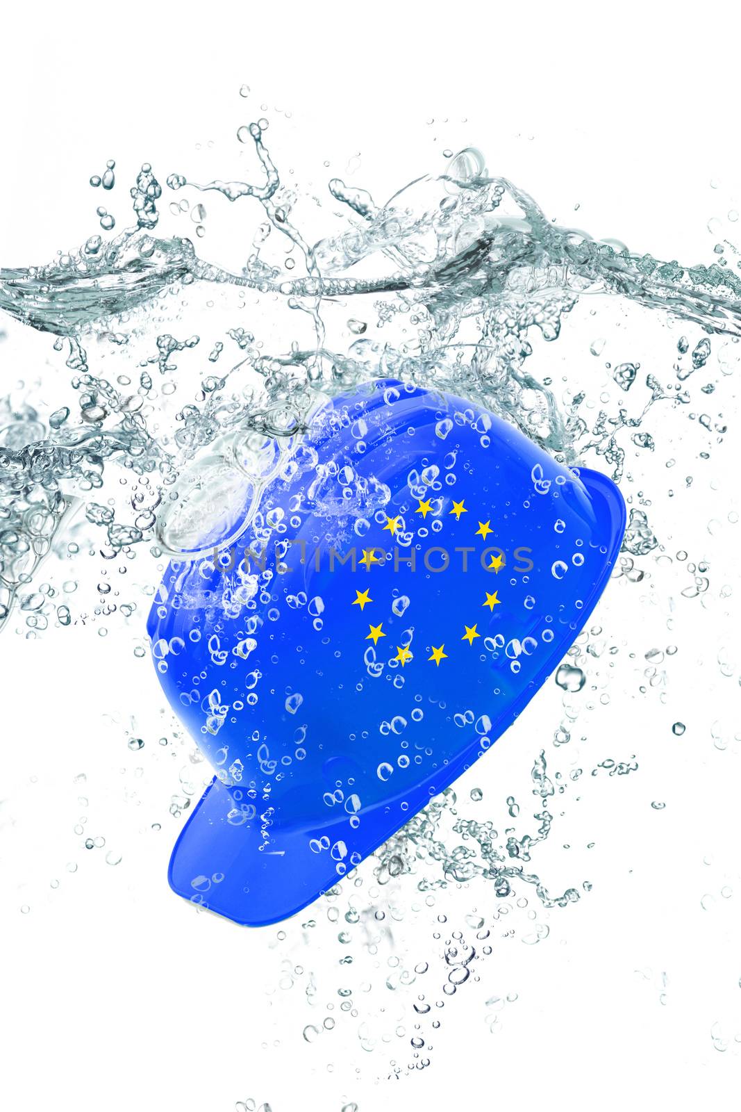 blu helmet falling in water
