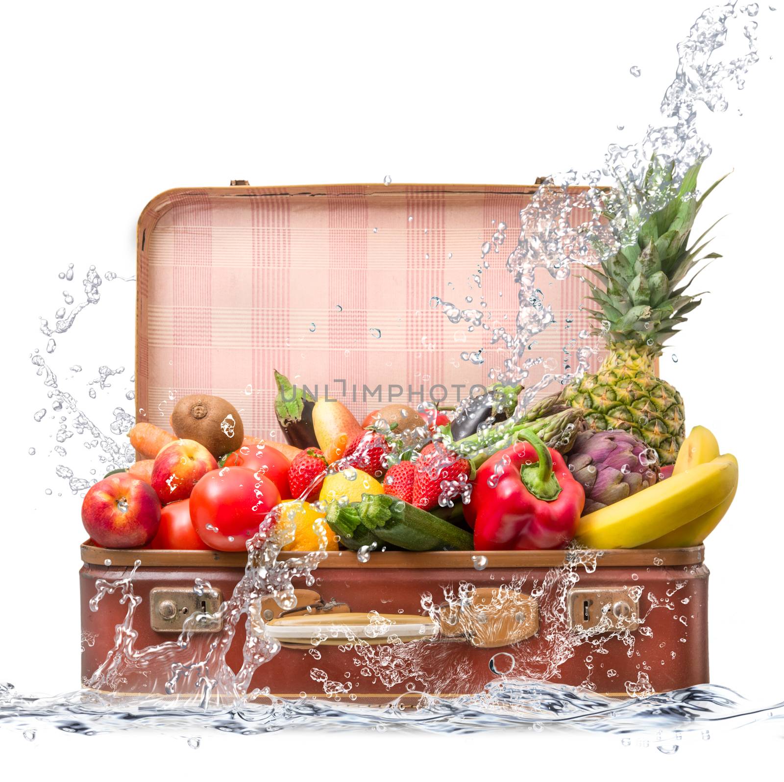 fresh fruit in suitcase falling in water