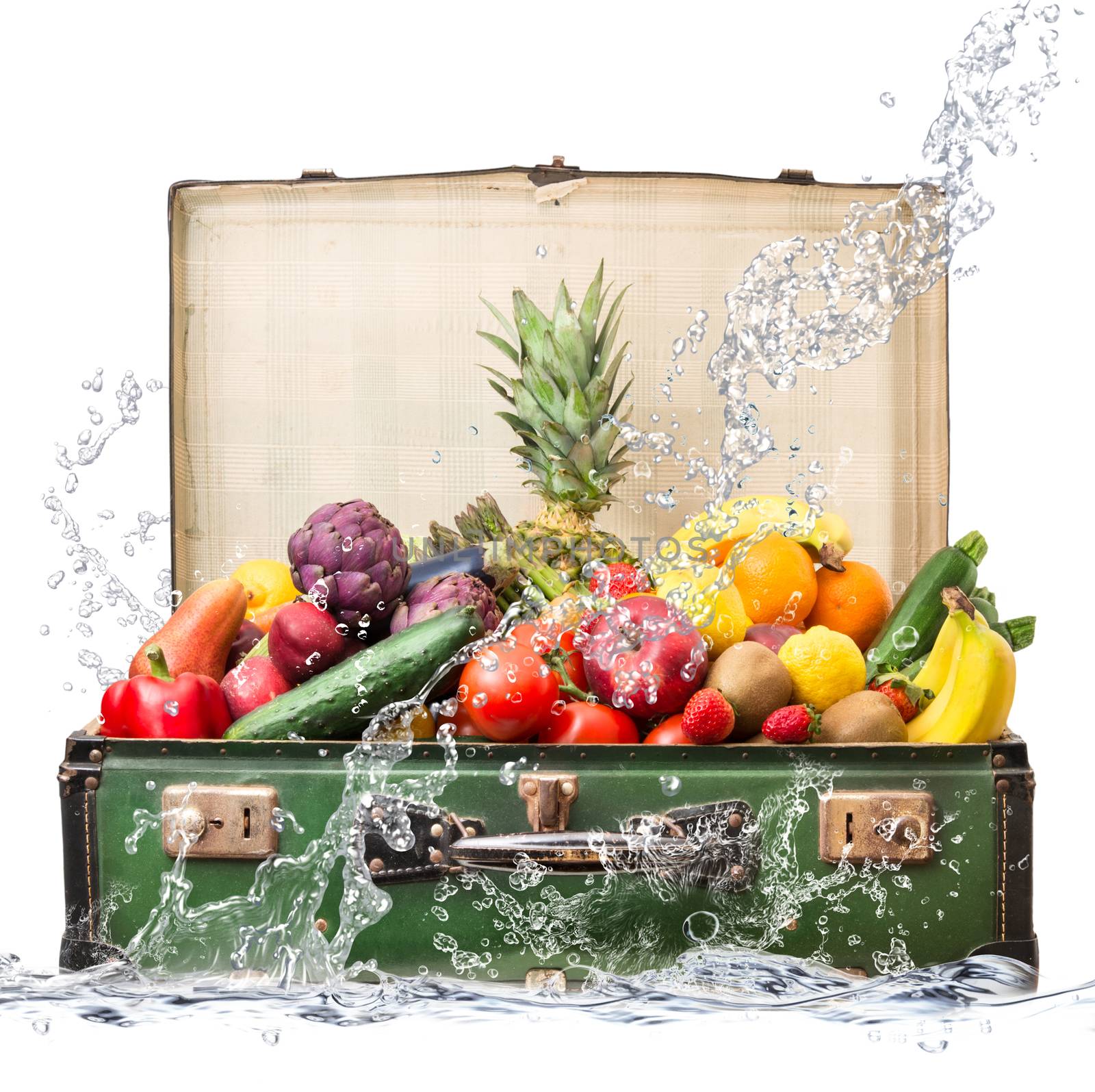 fresh fruit in suitcase falling in water