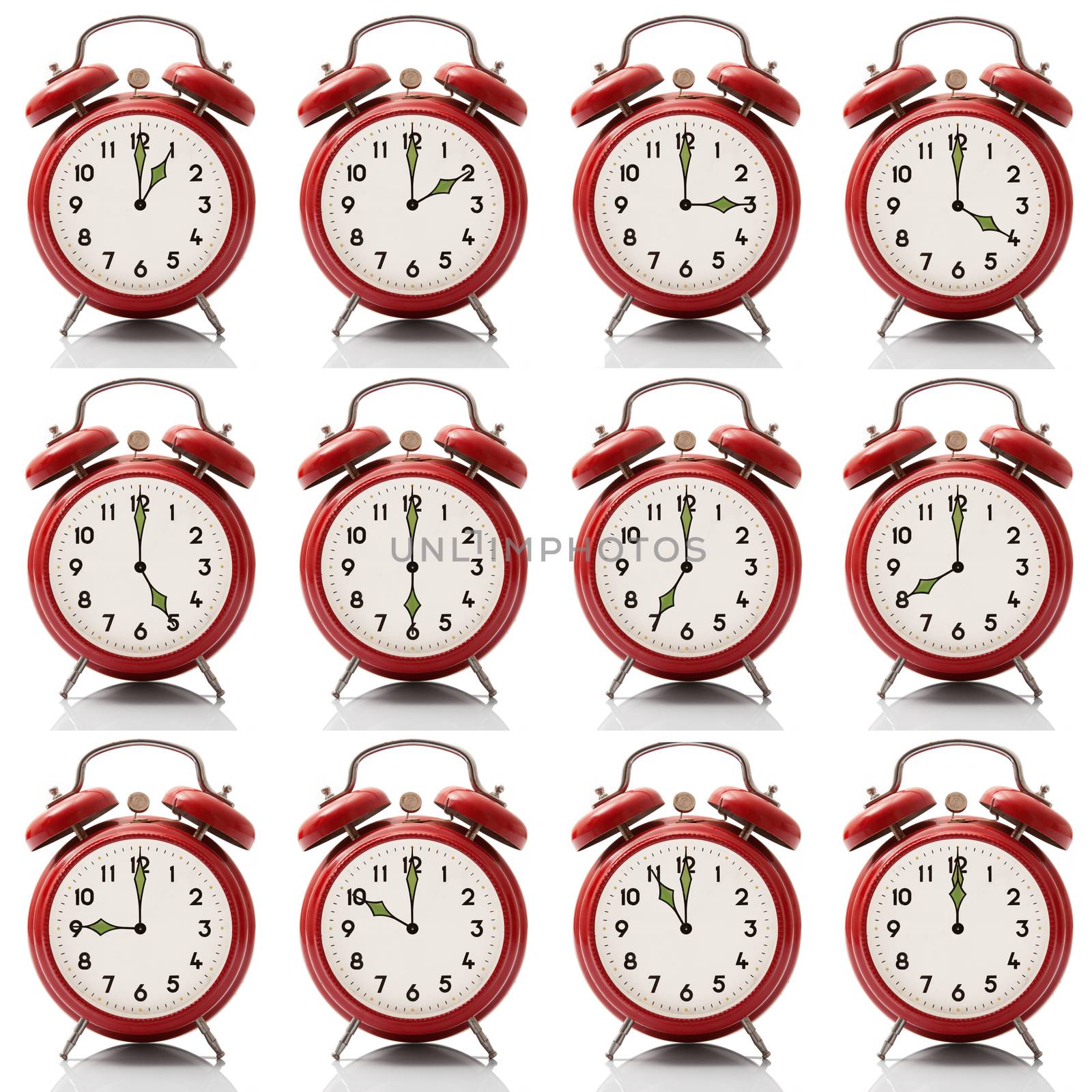 isolated collage alarm clock at every hour on white background