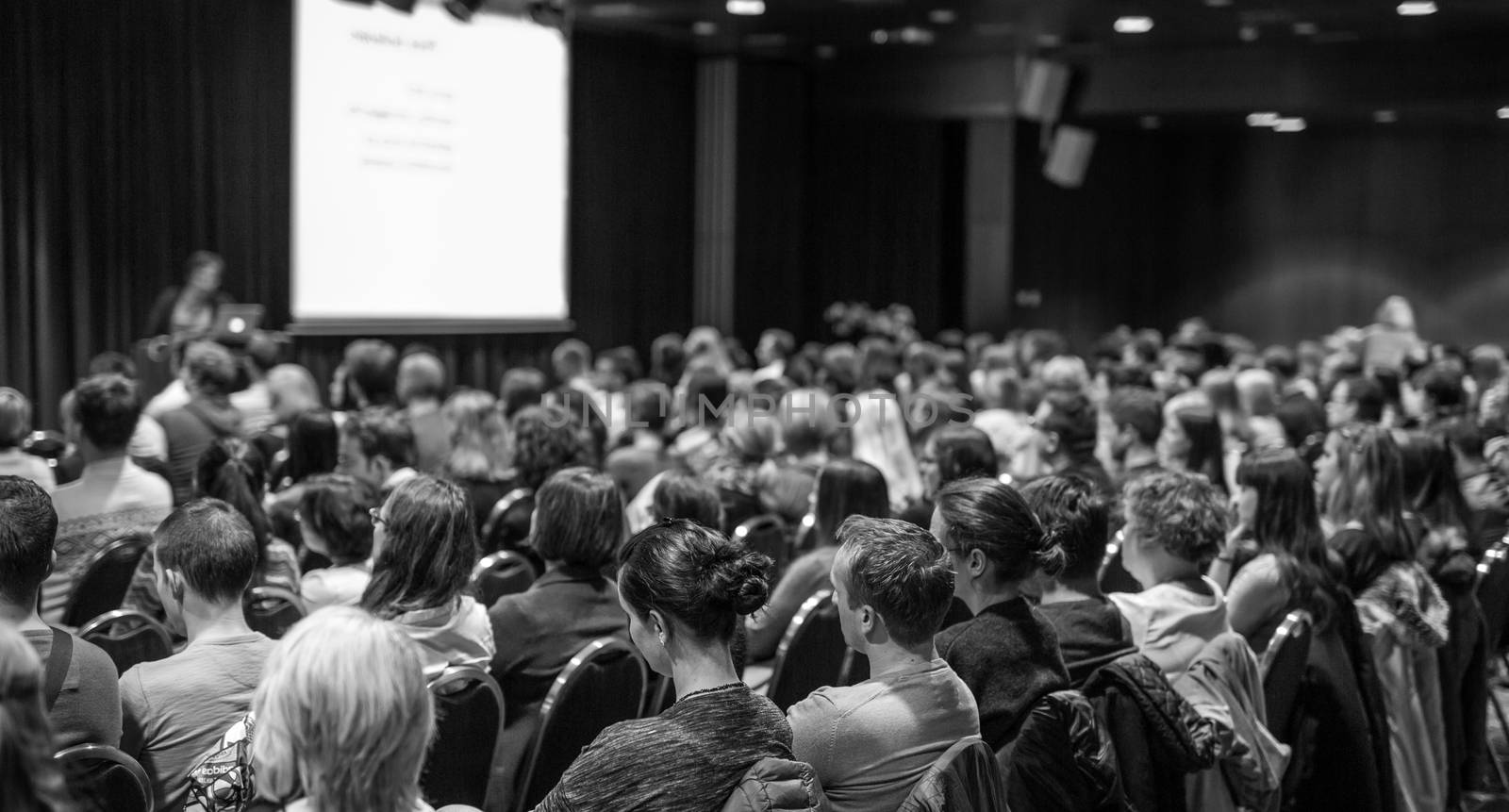 Business and entrepreneurship symposium. Speaker giving a talk at business meeting. Audience in conference hall. Rear view of unrecognized participant in audience. Black and white.