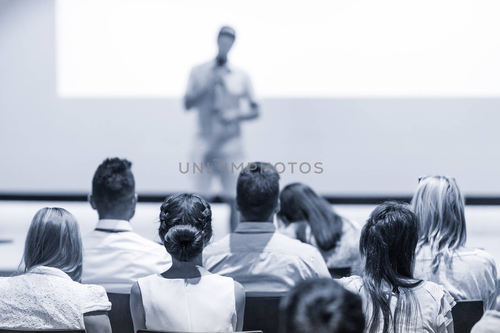 Business and entrepreneurship symposium. Speaker giving a talk at business meeting. Audience in conference hall. Rear view of unrecognized participant in audience.