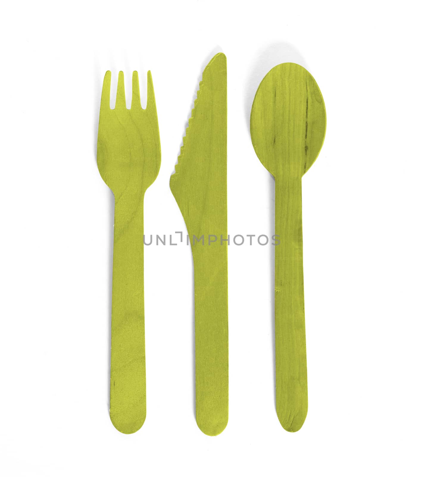 Eco friendly wooden cutlery - Plastic free concept - Isolated - Yellow