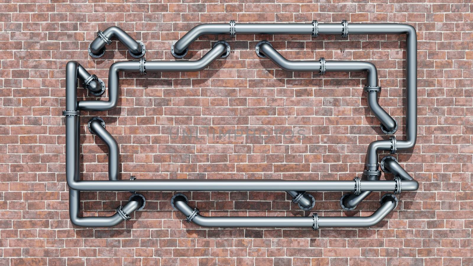 Empty space on a red brick wall is entangled in metal pipes. Daylight 3D illustration. Advertising banner or poster