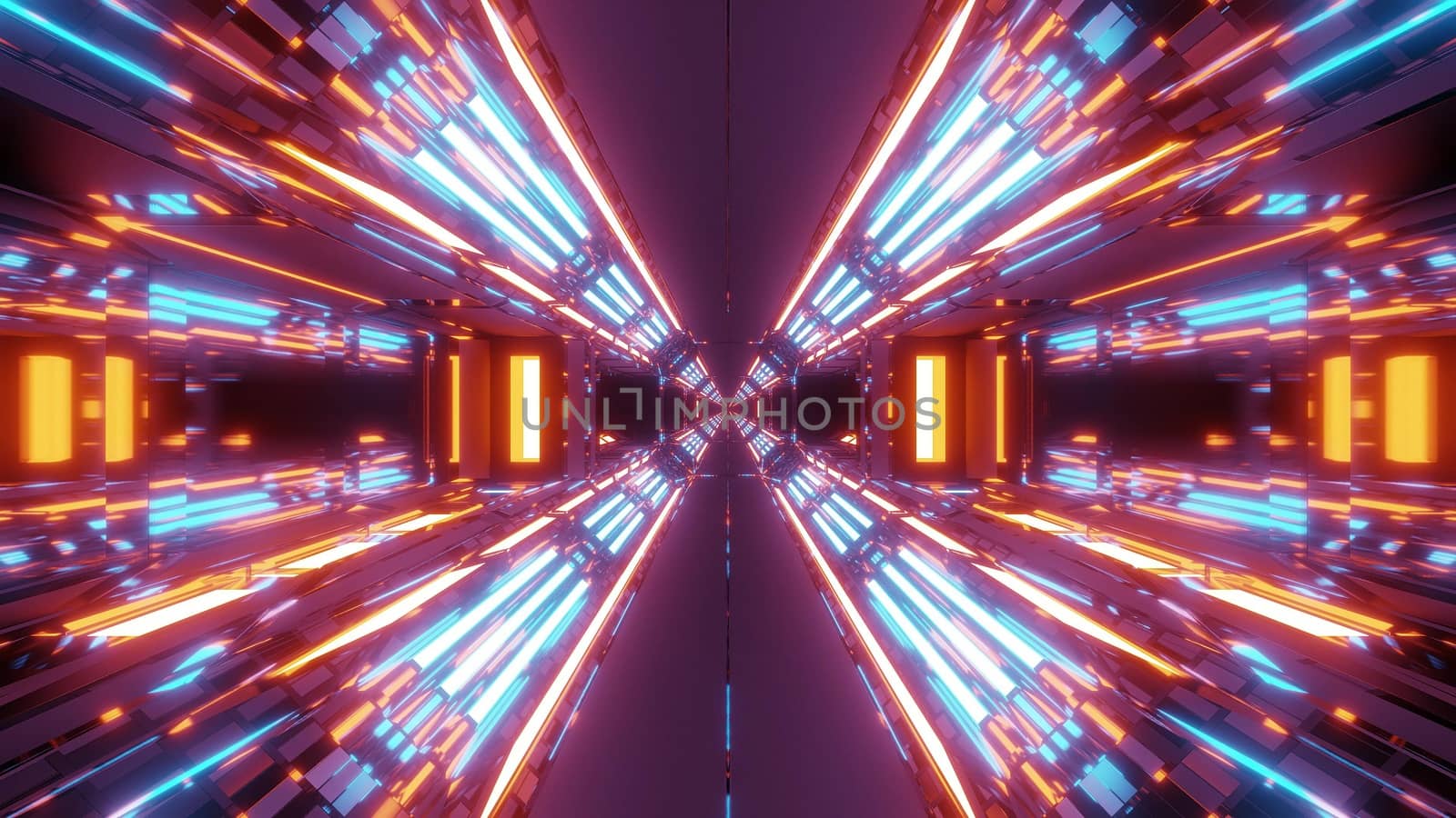 futuristic scifi hangar tunnel corridor with endless glowing lights 3d illustration wallpaper background by tunnelmotions