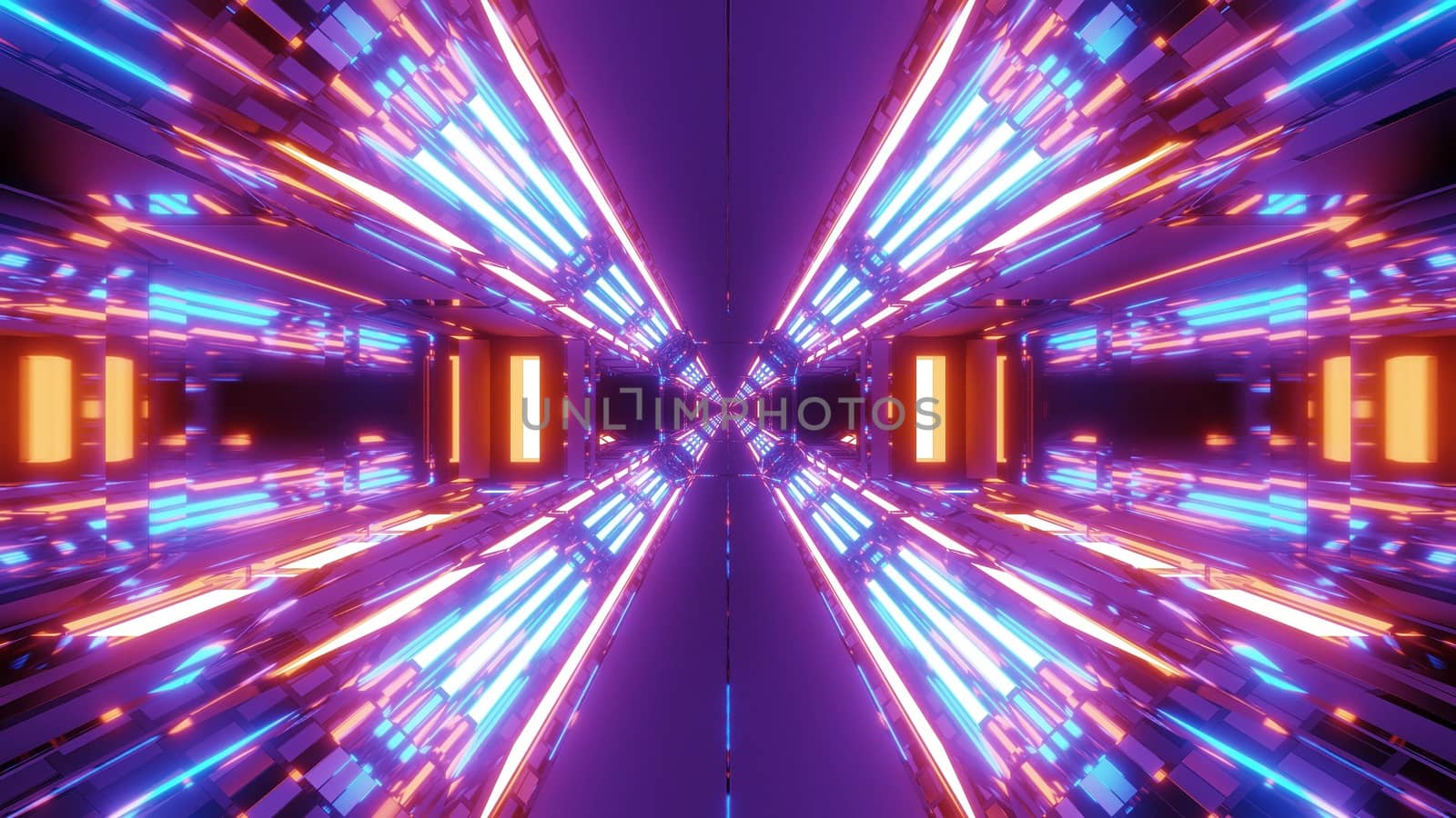 futuristic scifi hangar tunnel corridor with endless glowing lights 3d illustration wallpaper background by tunnelmotions