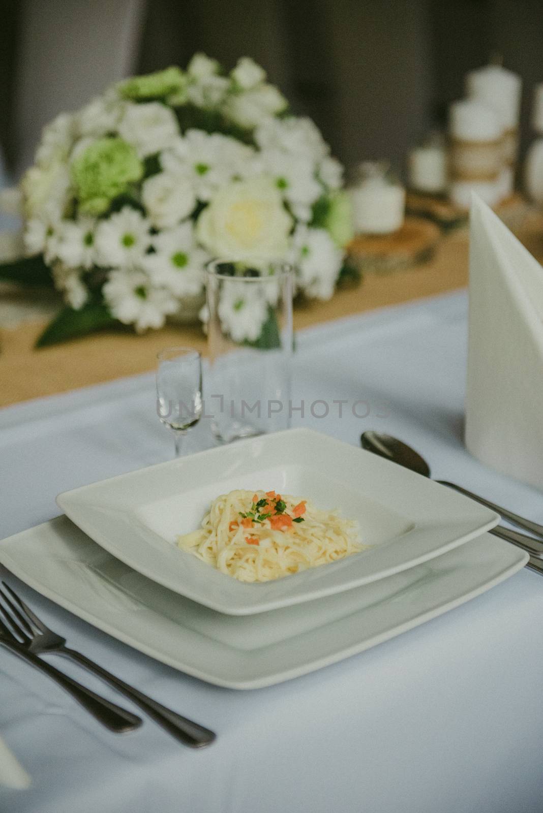 The elegant dinner table. Wedding table setting