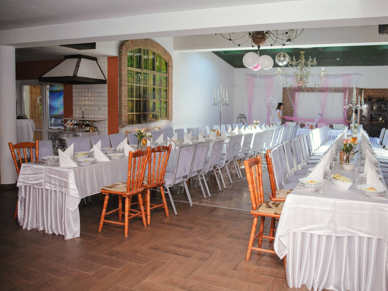 Beautifully decorated wedding table and other details at wedding hall. Wedding day