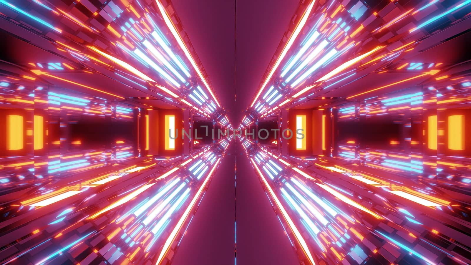 futuristic scifi hangar tunnel corridor with endless glowing lights 3d illustration wallpaper background by tunnelmotions