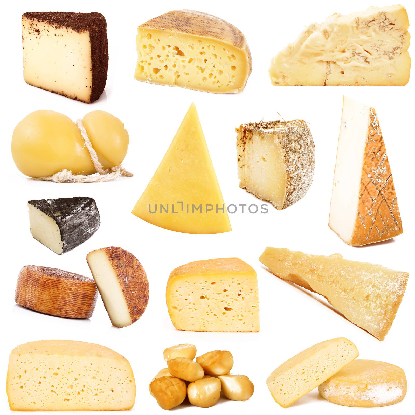 original italian cheese collage on white background
