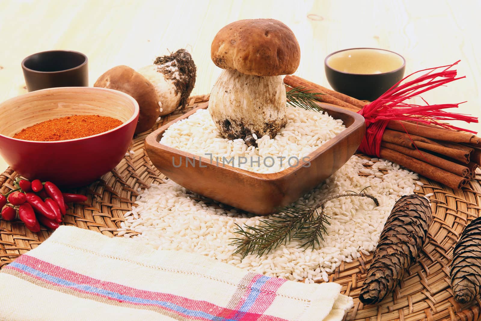 Ingredient for cooking Italian rice with mushrooms