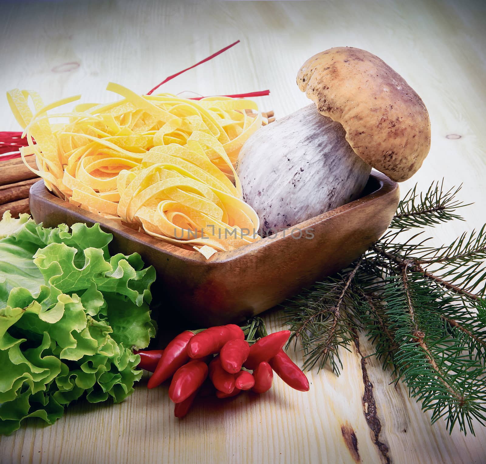 Ingredient for cooking Italian pasta with mushrooms