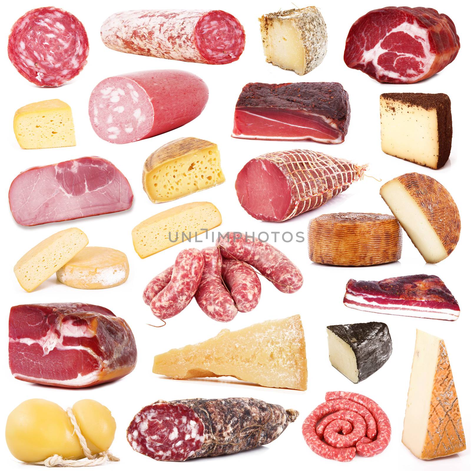 italian salami ham and cheese collage on white background