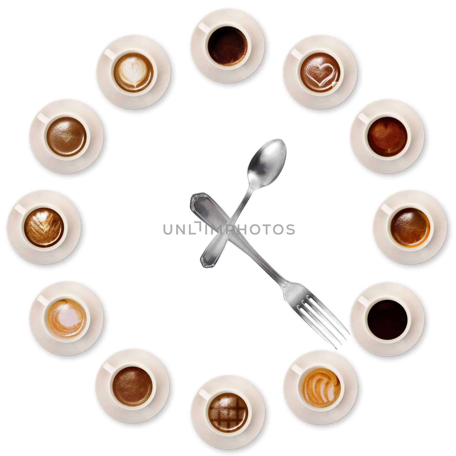 cup of coffee with clock on white background
