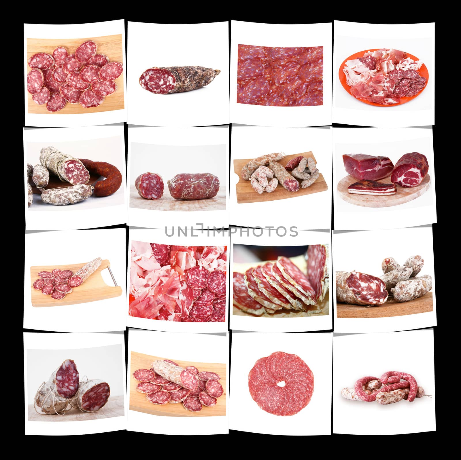 collection of italian salami and ham on white background