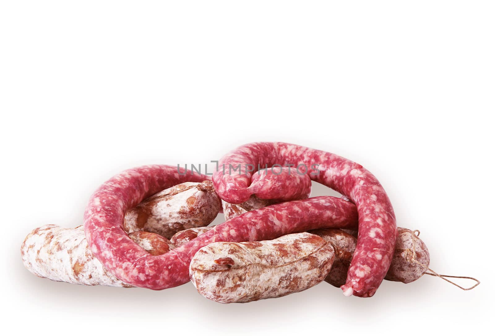 italian salami and sausage on white background
