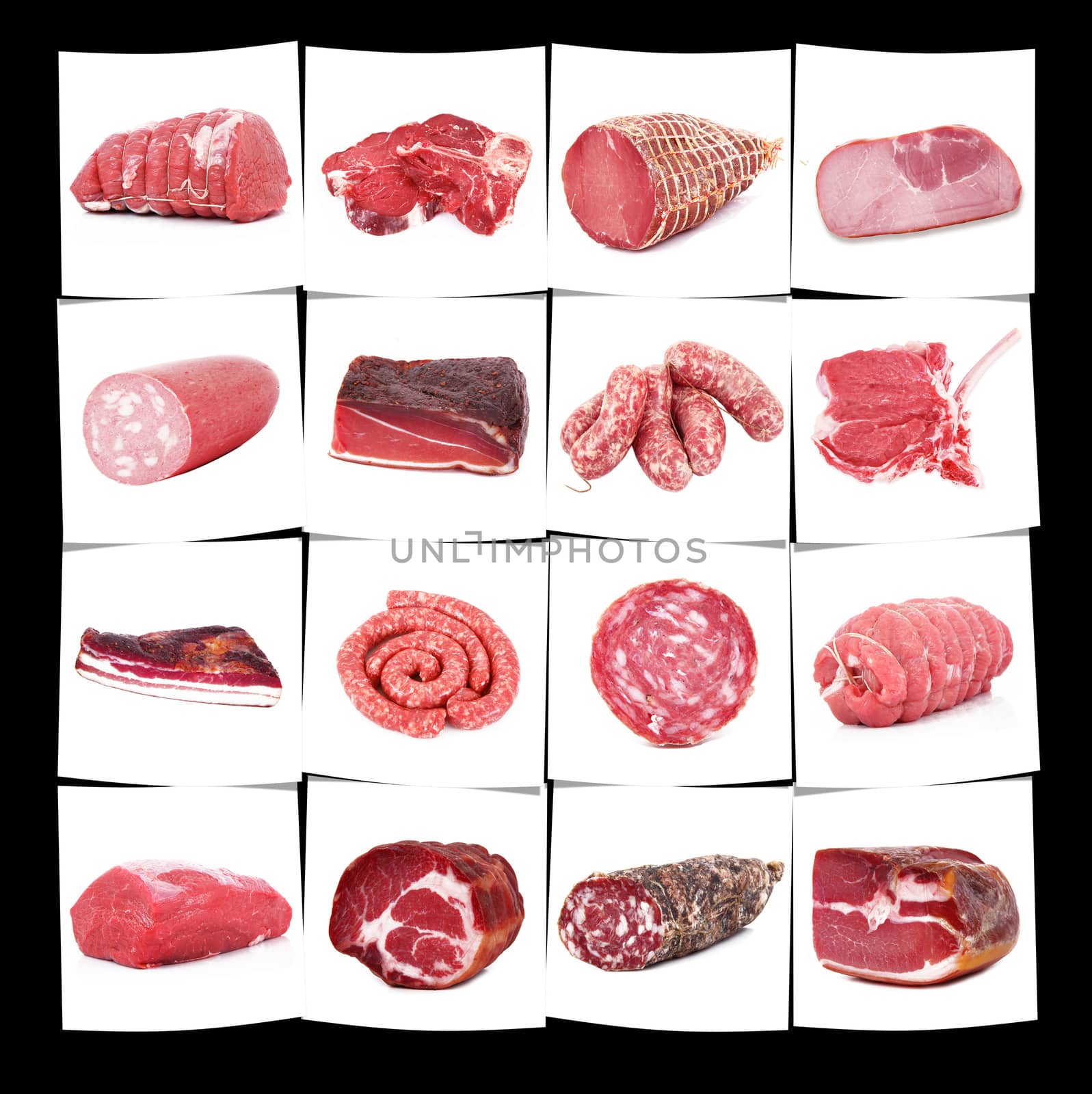collection of italian salami and ham on white background