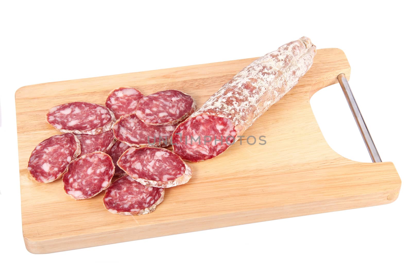 italian salami slice on chopping board background