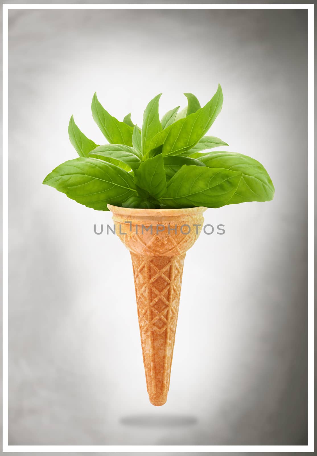a Delicious ice cream cone with basil taste