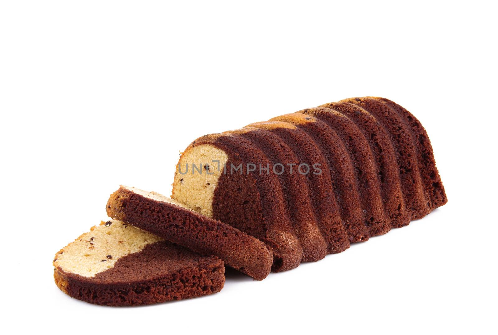 delicious chocolate cake on white background