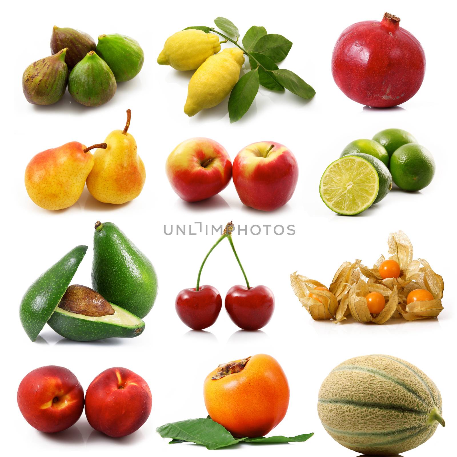 fresh fruit collage on white background