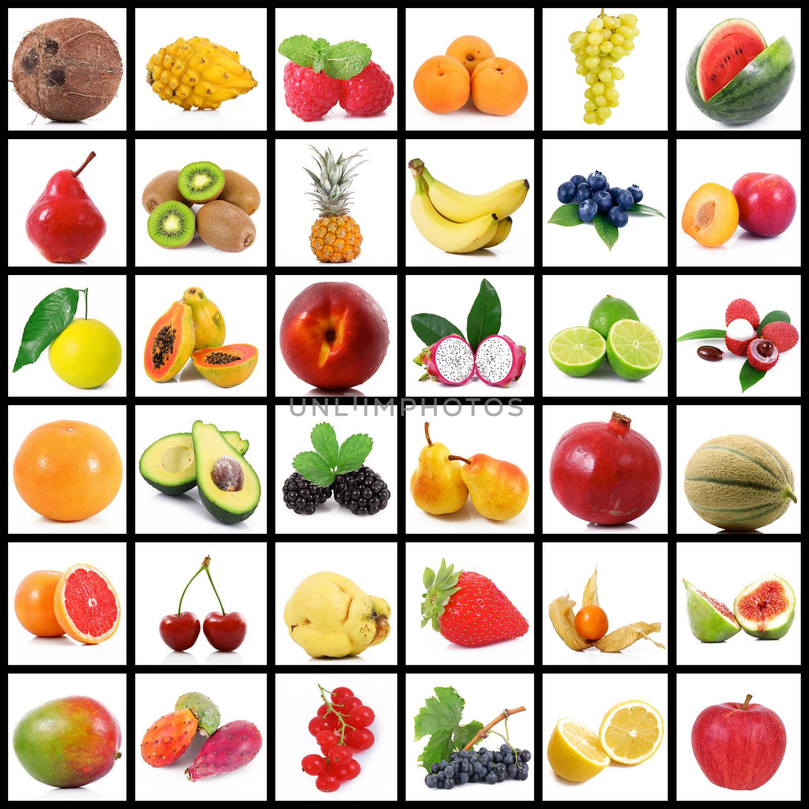 fresh fruit collage on white background