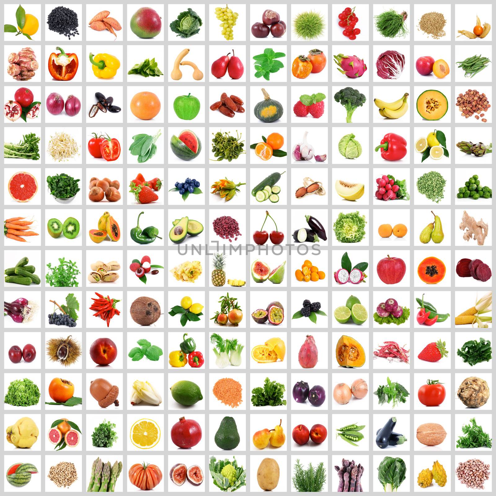 fresh fruit and vegetables collage on white background