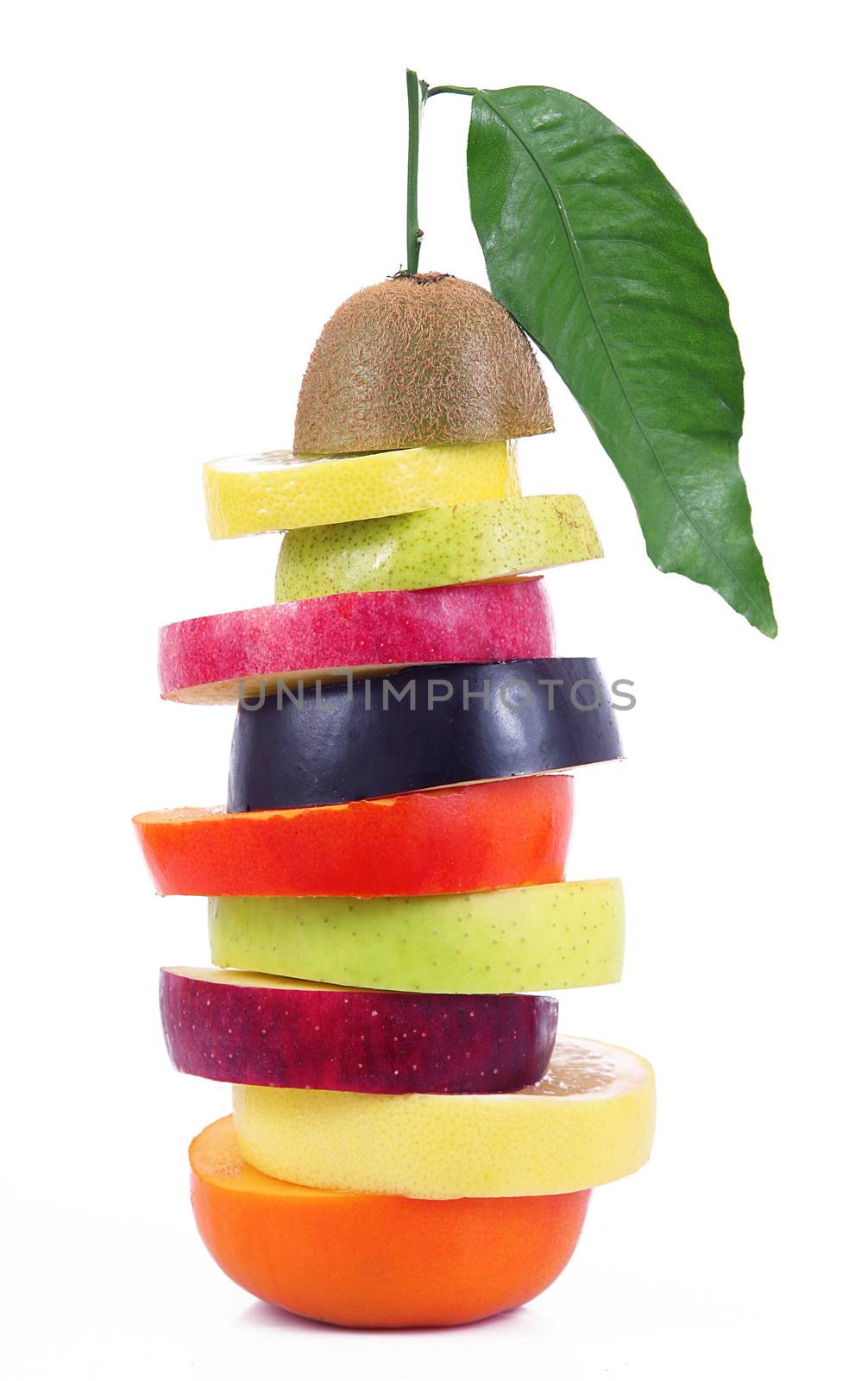 fresh fruit slices on white background