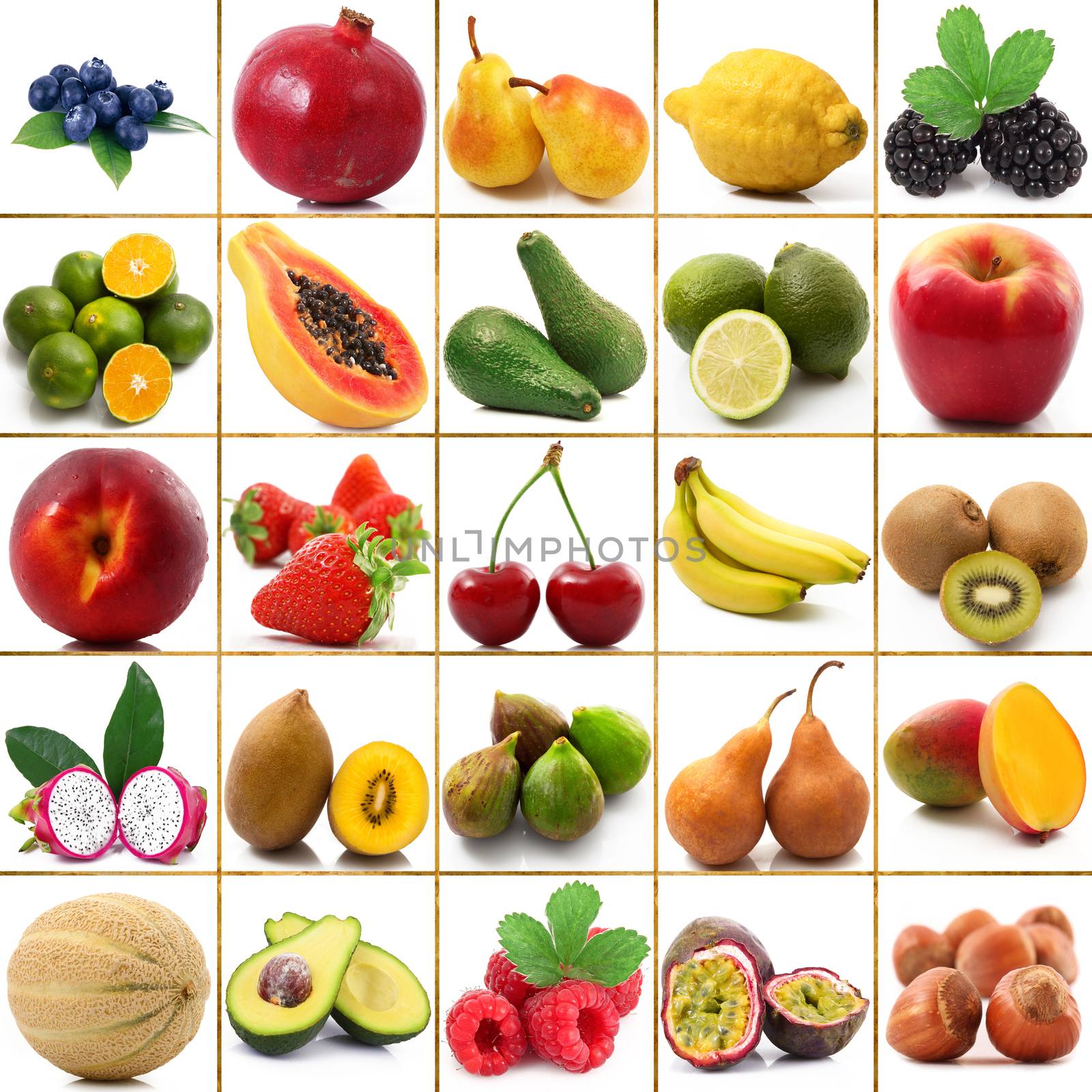 fresh fruit collage on white background