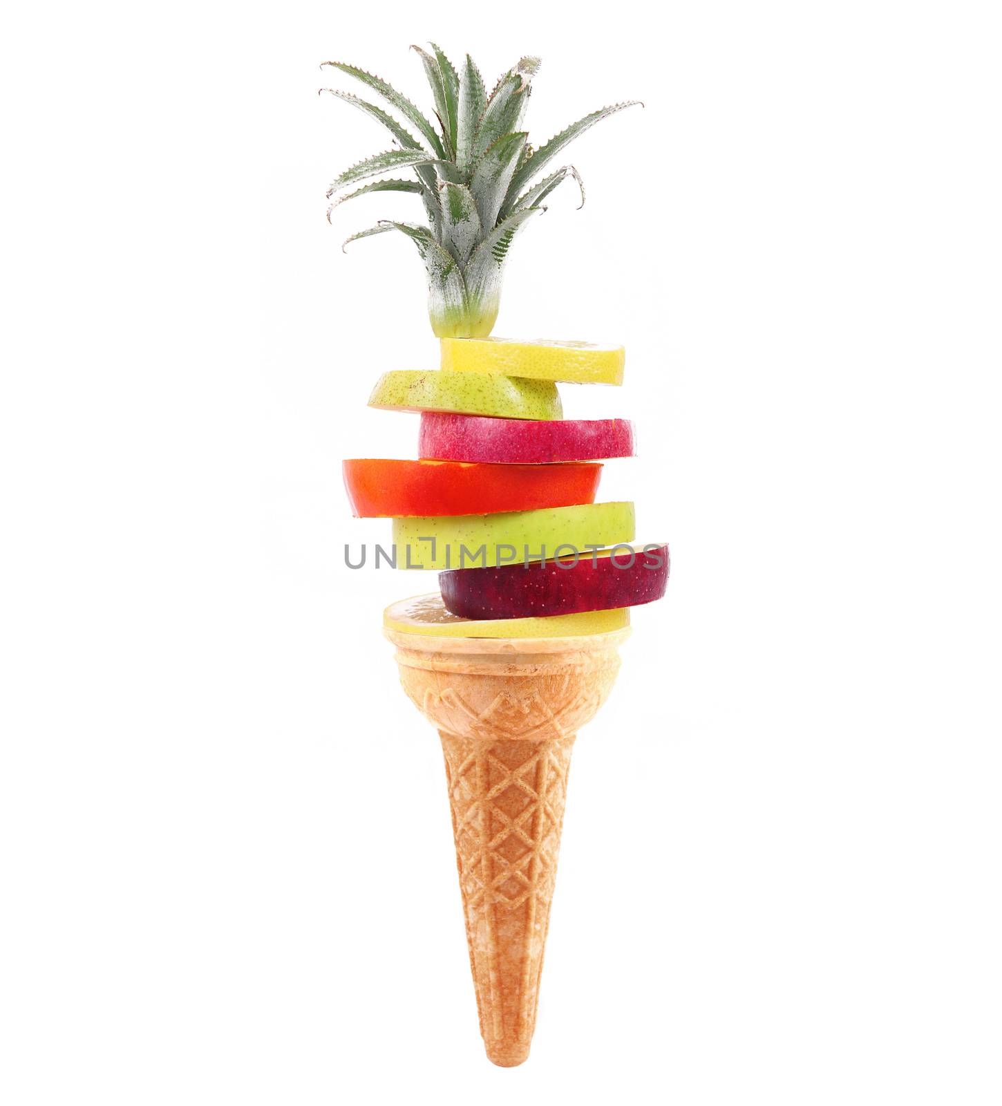 fresh fruit slices like an ice cream on white background