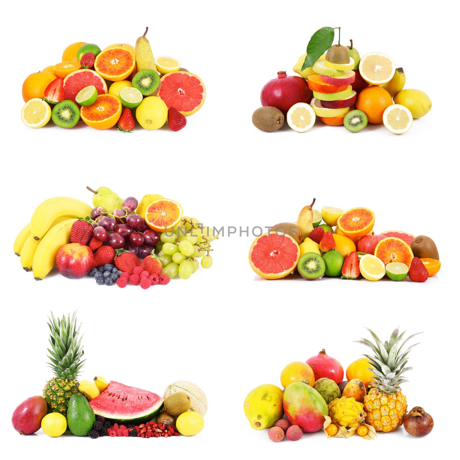 fresh fruit collage on white background