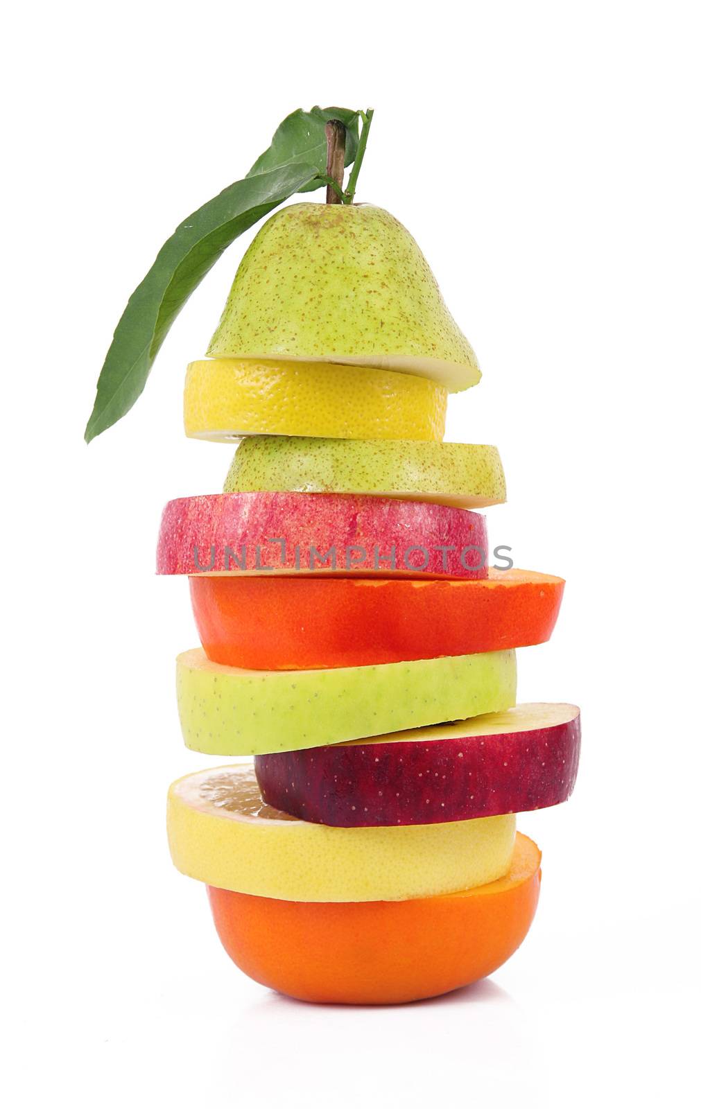 fresh fruit slices on white background
