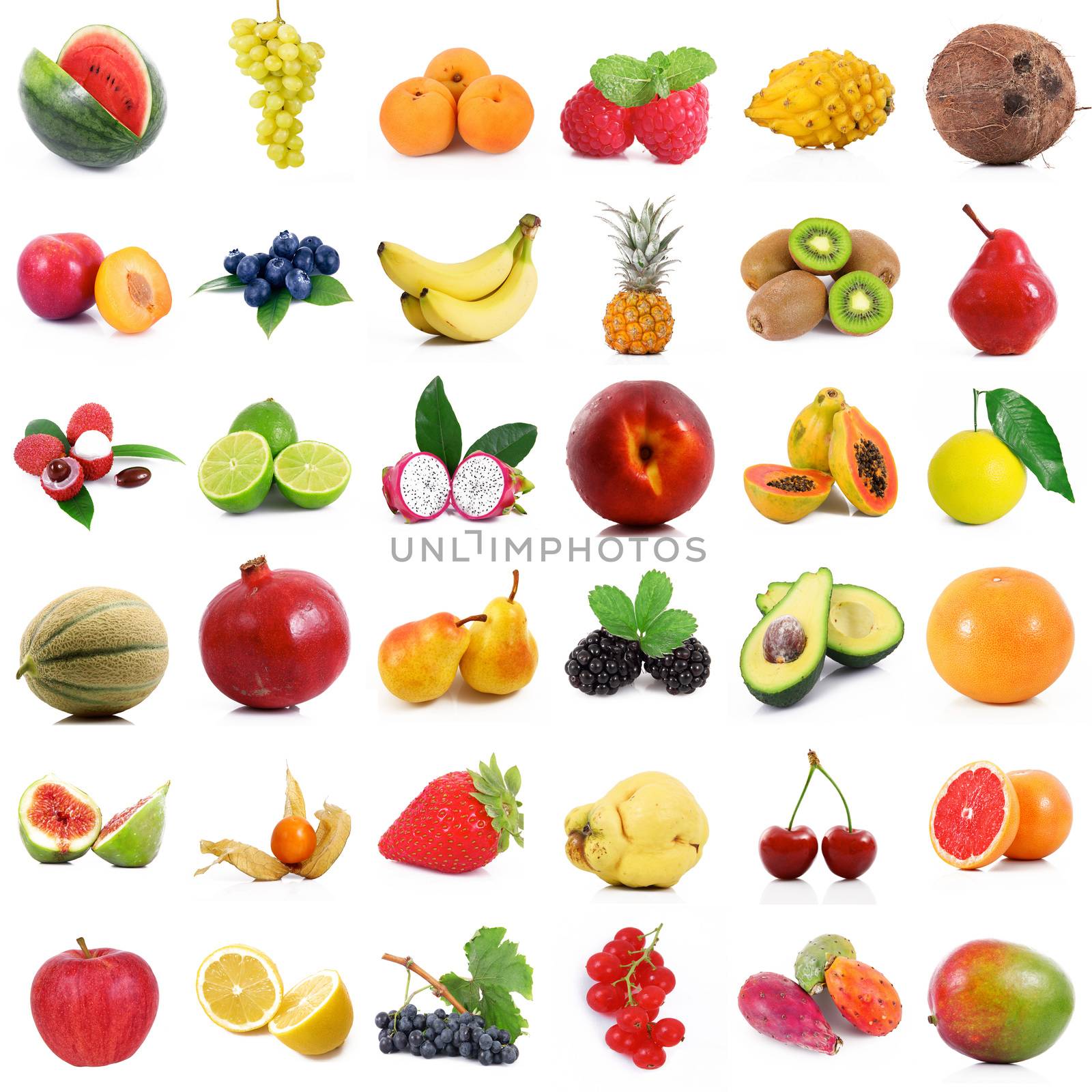 fresh fruit collage on white background