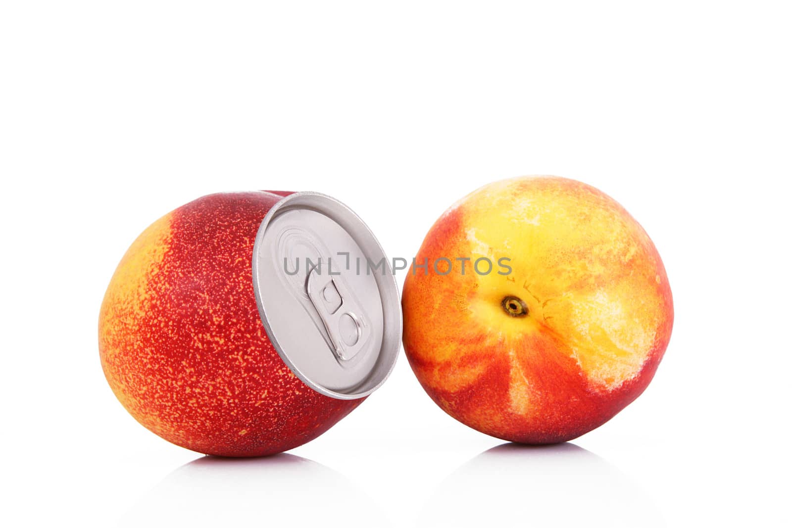 juice of peach in tin on white background