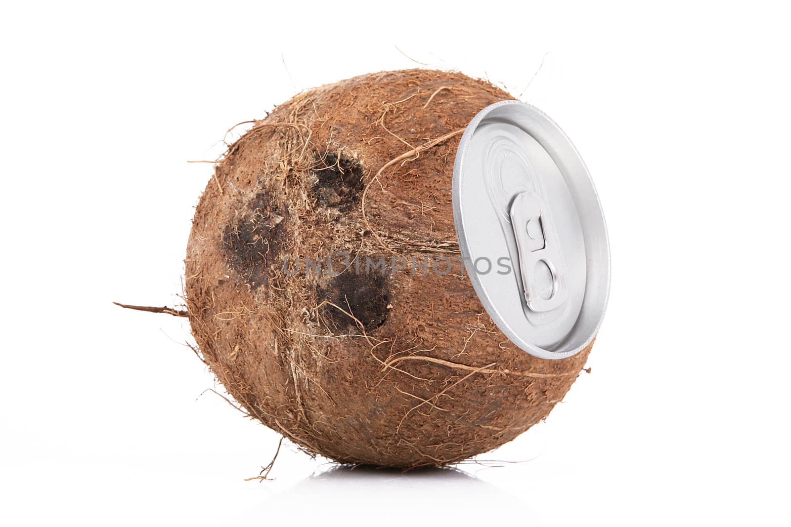 juice of coconut in tin on white background