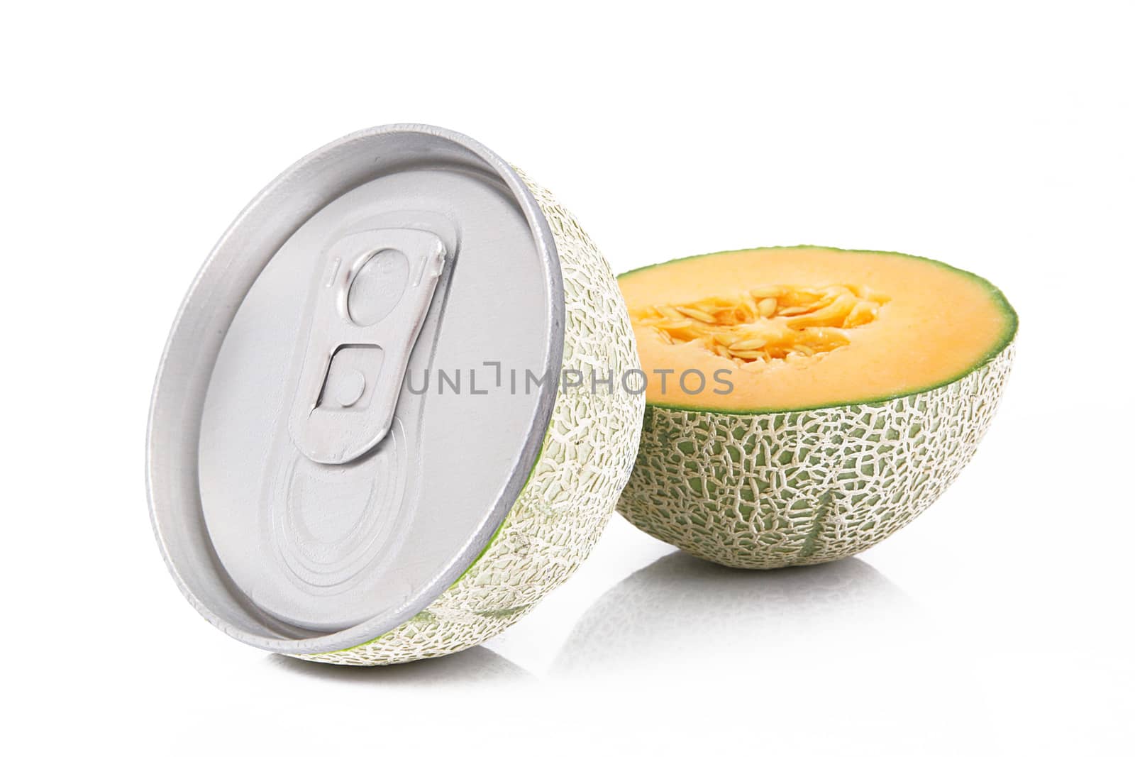 juice of melon in tin on white background