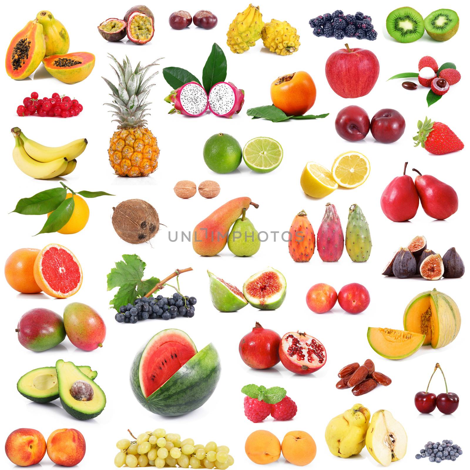 fresh fruit collage on white background