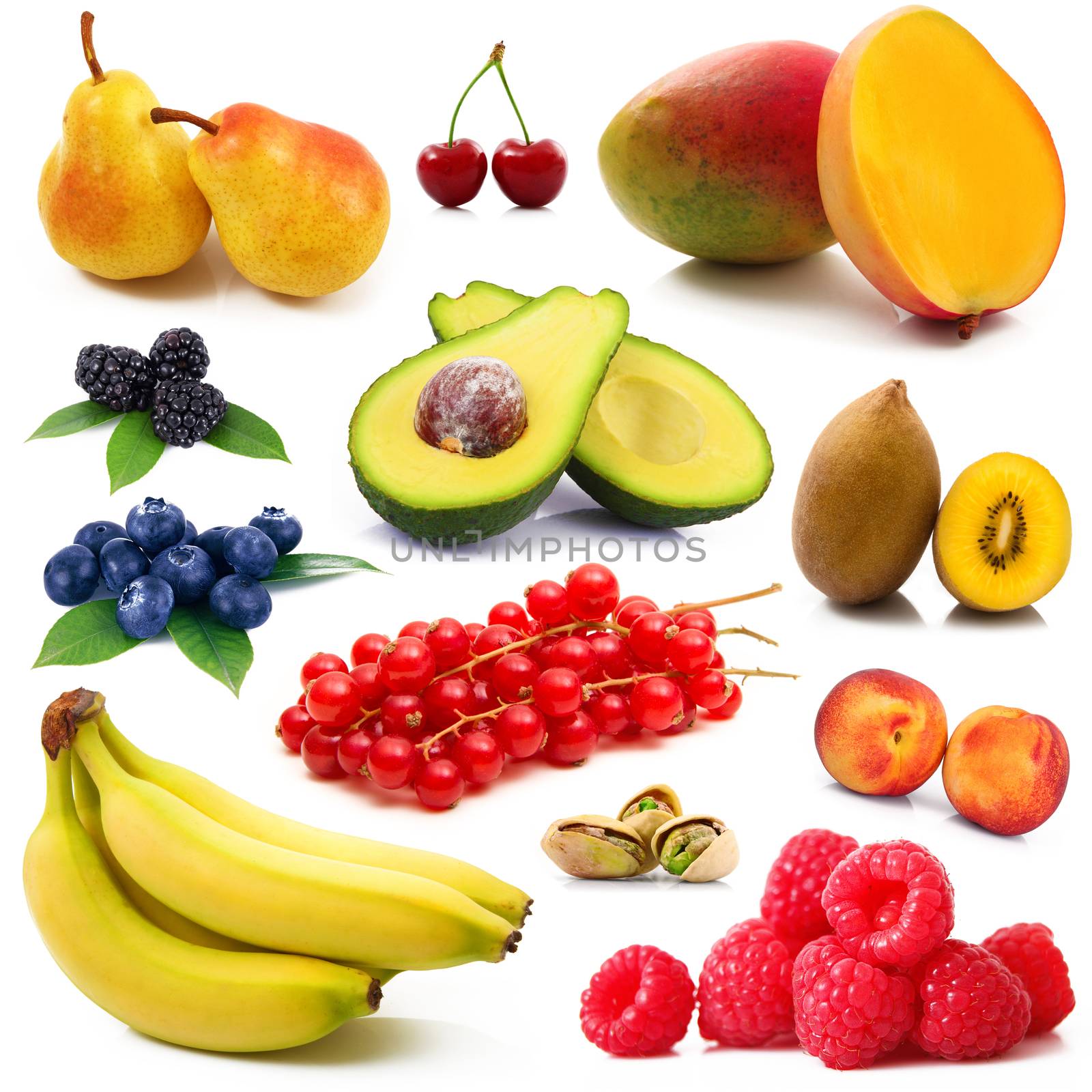fresh fruit collage on white background