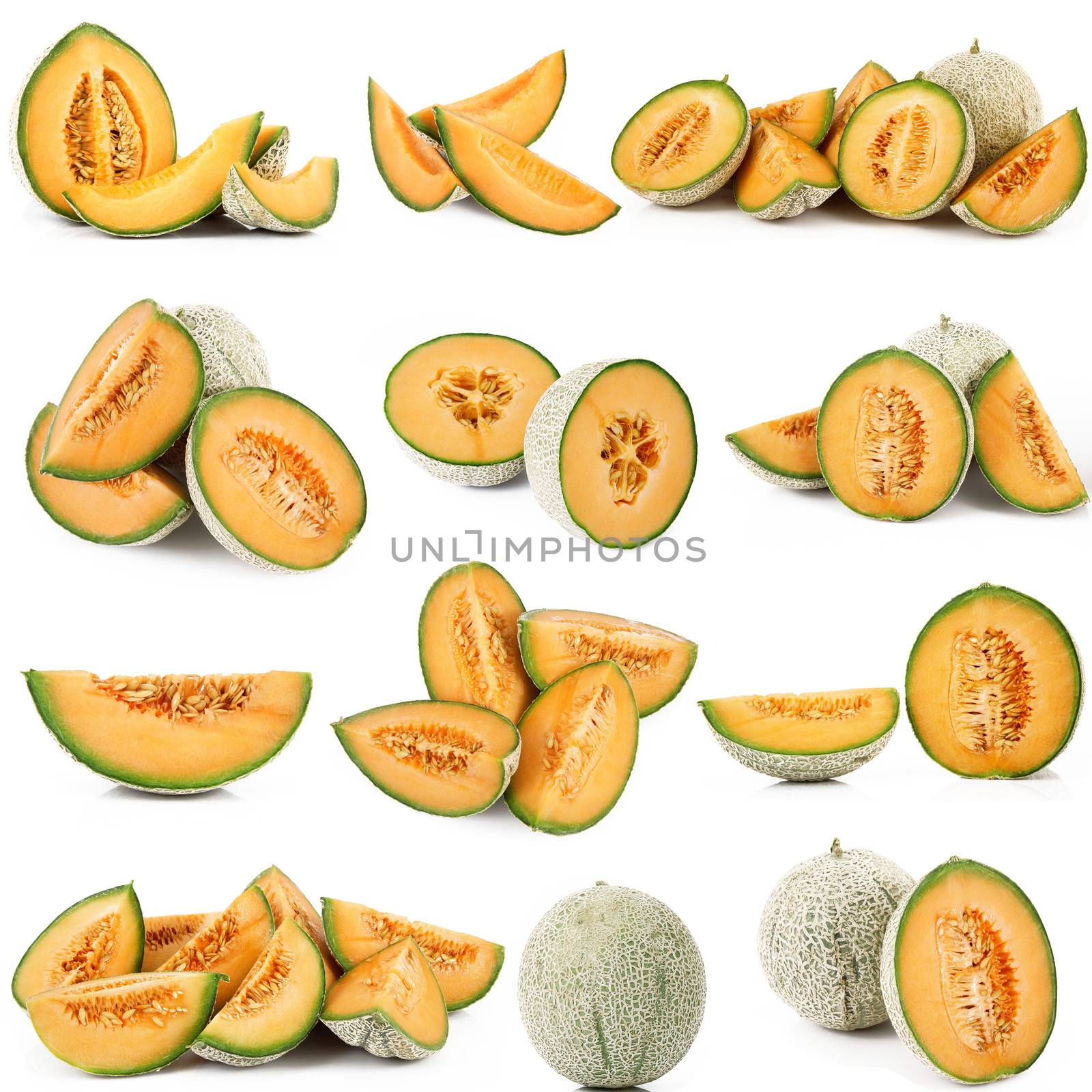 fresh melon collage on white background