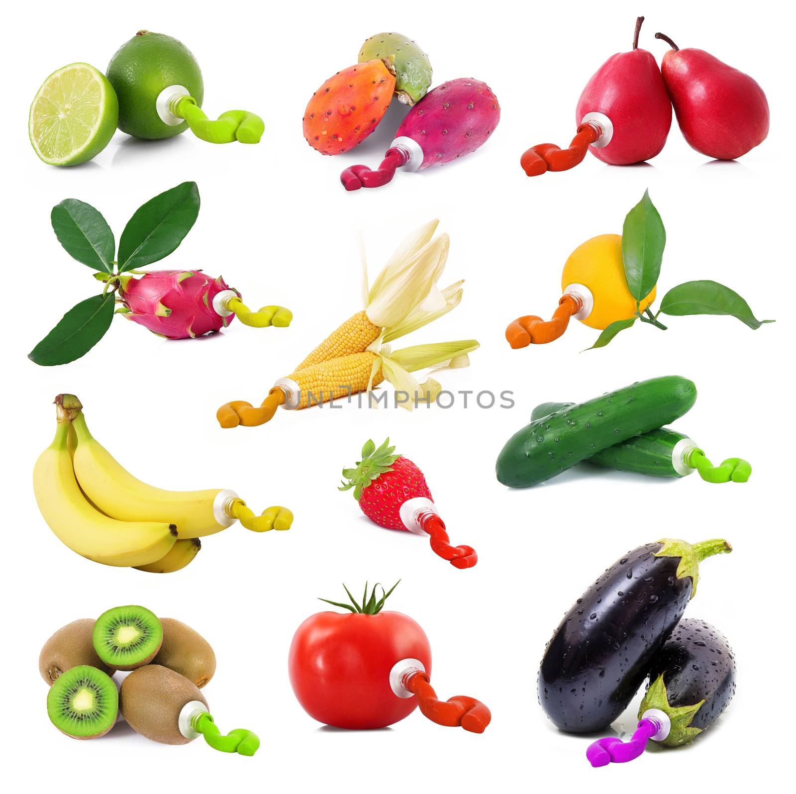 fruit and vegetables like a tube of paint on white background