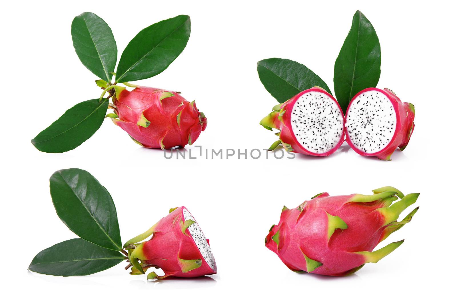fresh red pitaya collage on white background