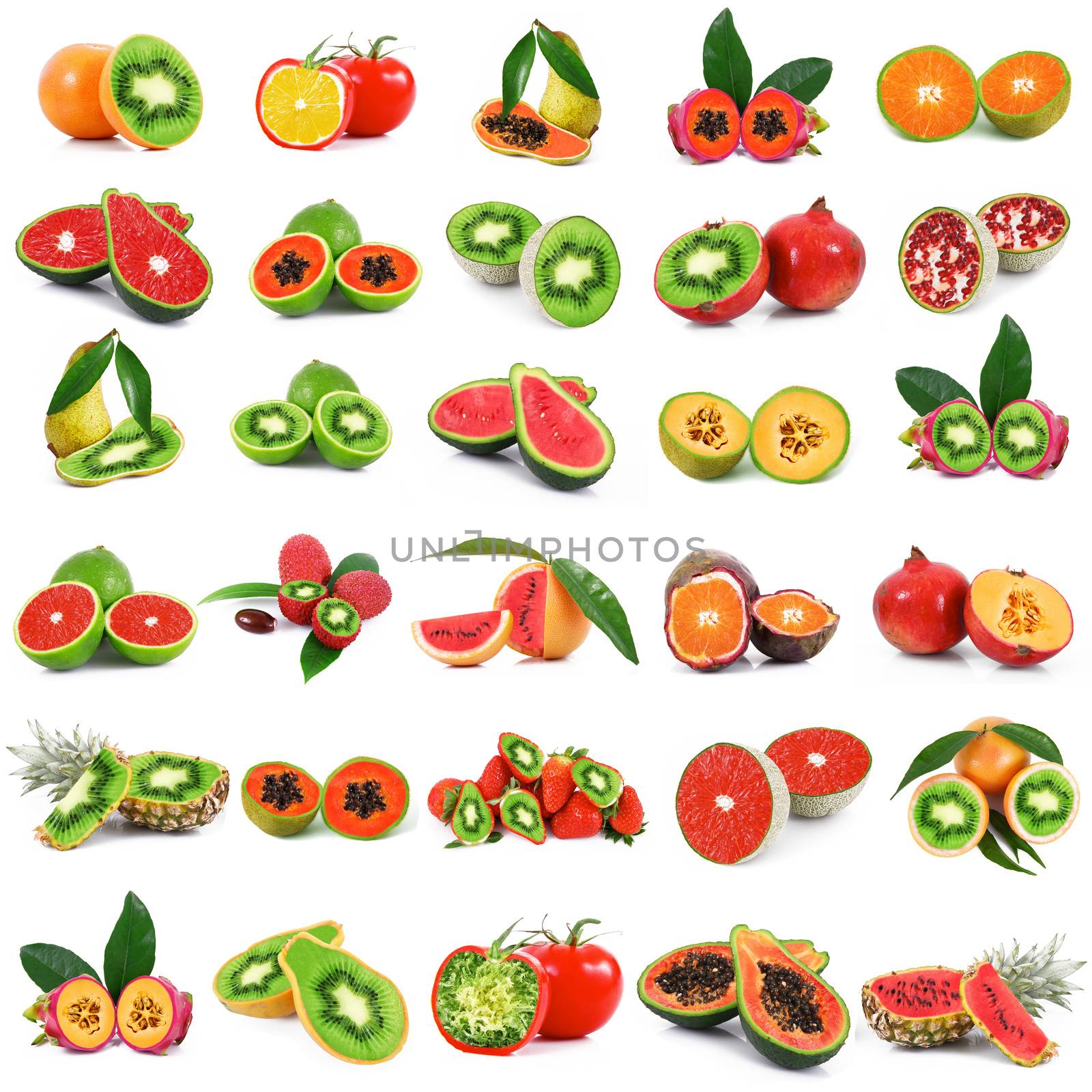 strange ibrid vegetable fruit collage on white background
