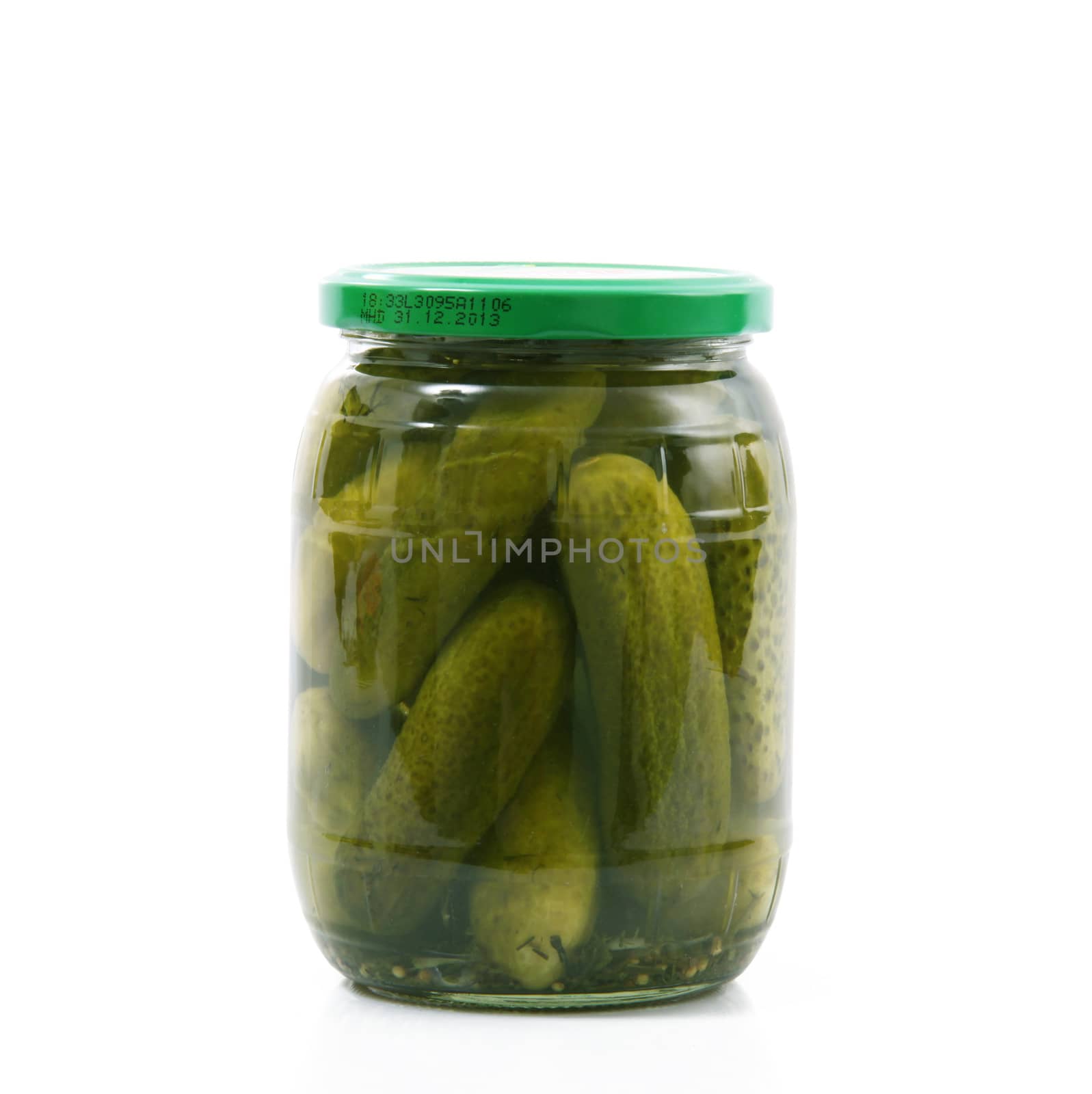 jar of cucumbers on white background