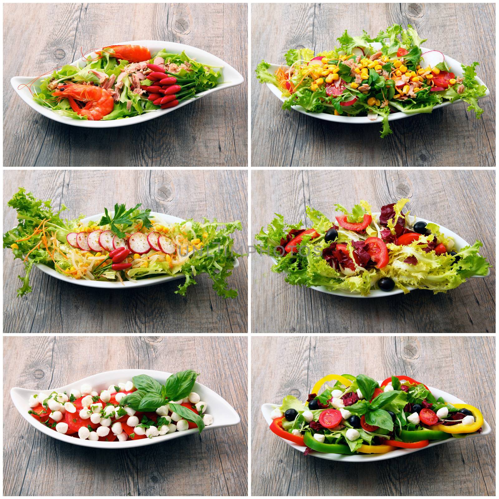 salad collage on old wooden table