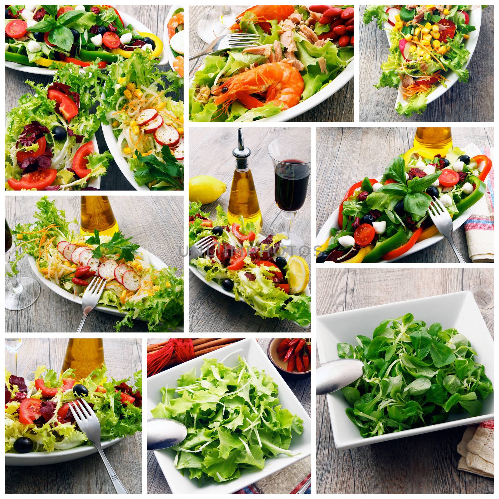 salad collage on old wooden table