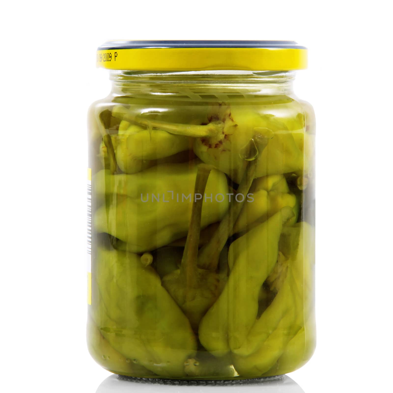 green pepper pickled jar on white background